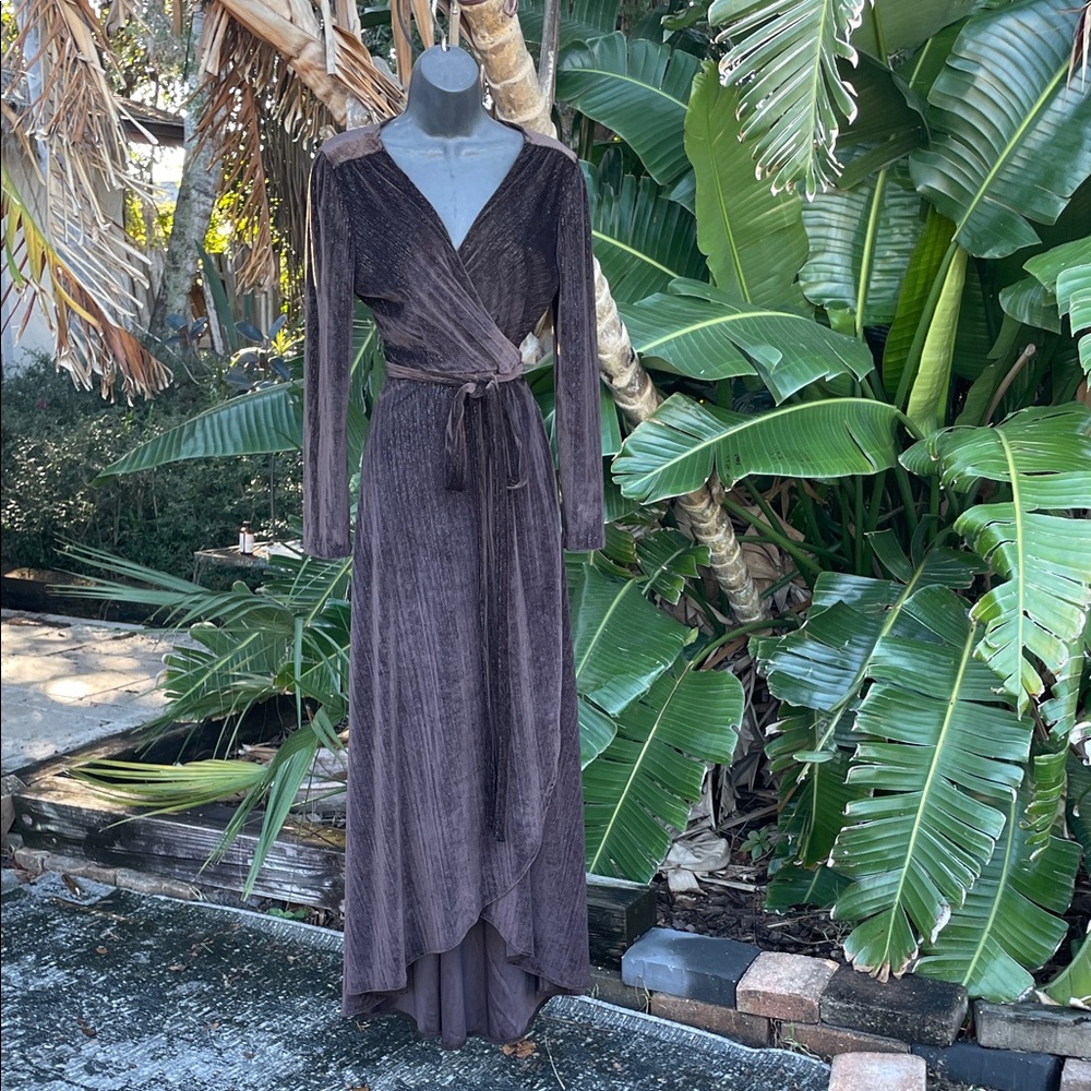 brown velvet with silver Lurex sparkle wrap dress